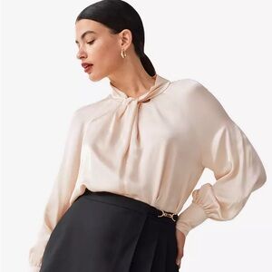 & other stories satin lock neck blouse with puff sleeve